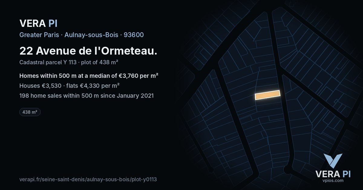 22 Avenue de l'Ormeteau, Aulnay-sous-Bois at night – the plot lit, the parcels around coloured by the prices near them