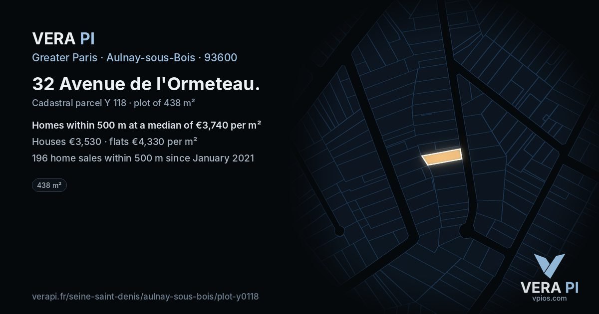 32 Avenue de l'Ormeteau, Aulnay-sous-Bois at night – the plot lit, the parcels around coloured by the prices near them