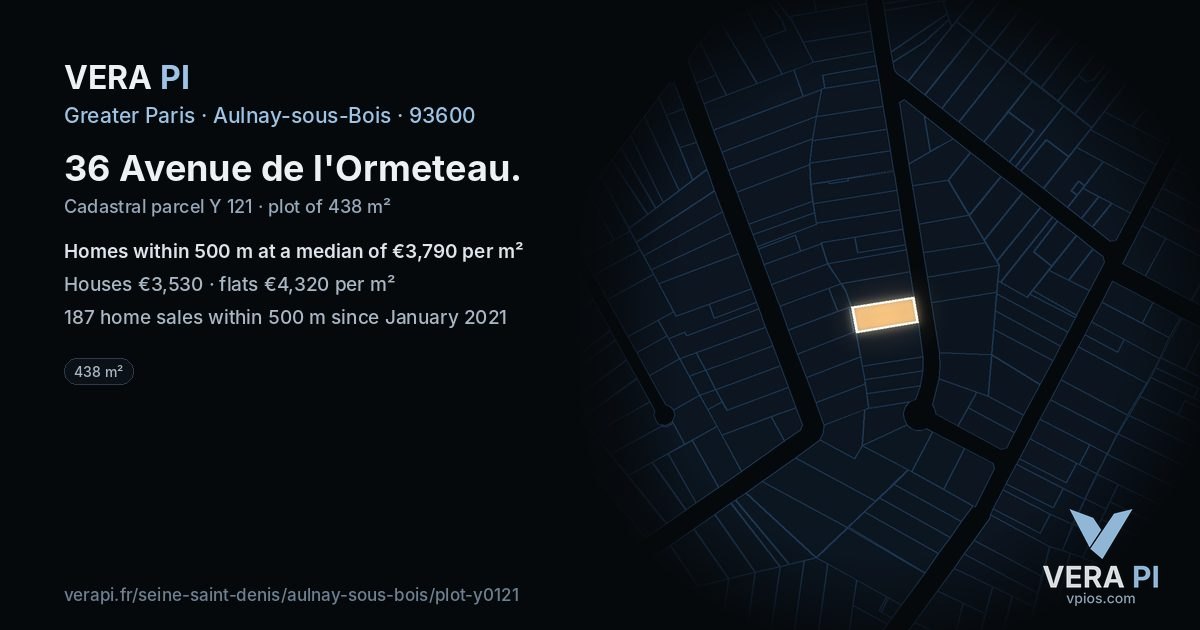 36 Avenue de l'Ormeteau, Aulnay-sous-Bois at night – the plot lit, the parcels around coloured by the prices near them