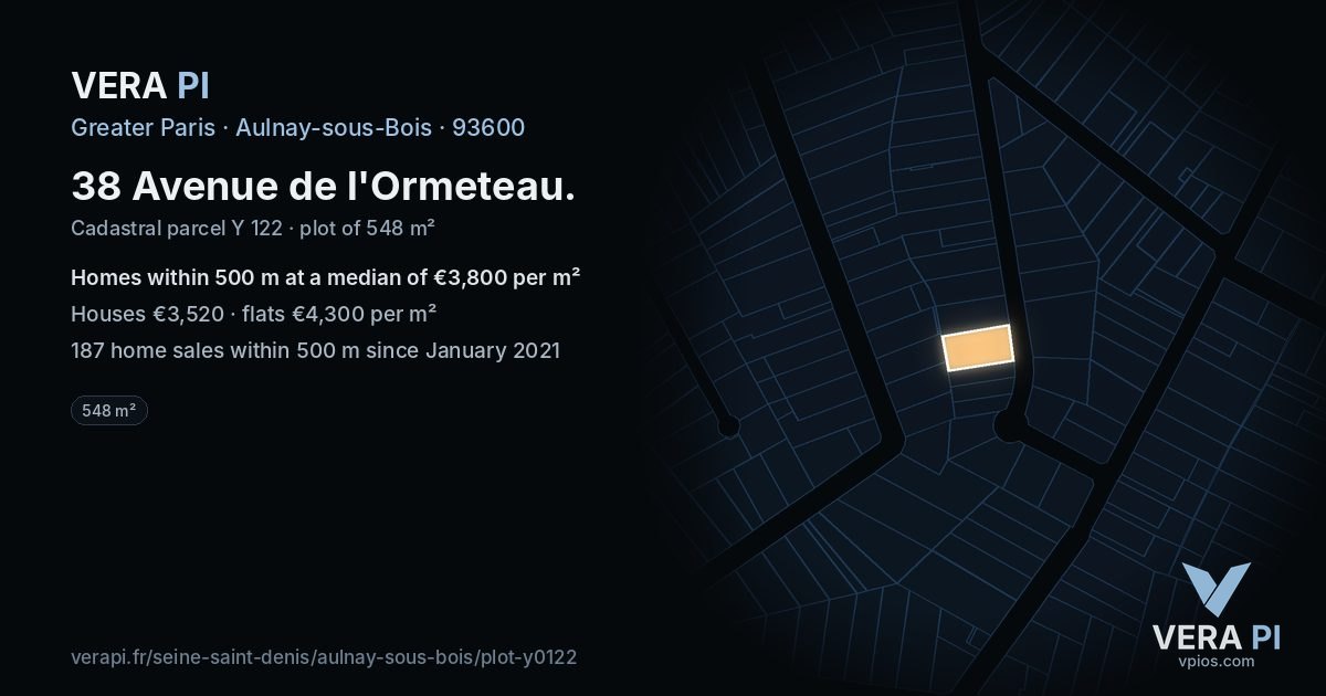 38 Avenue de l'Ormeteau, Aulnay-sous-Bois at night – the plot lit, the parcels around coloured by the prices near them