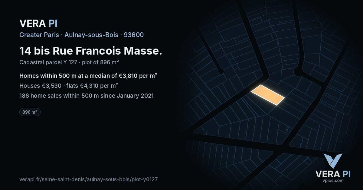 14 bis Rue Francois Masse, Aulnay-sous-Bois at night – the plot lit, the parcels around coloured by the prices near them
