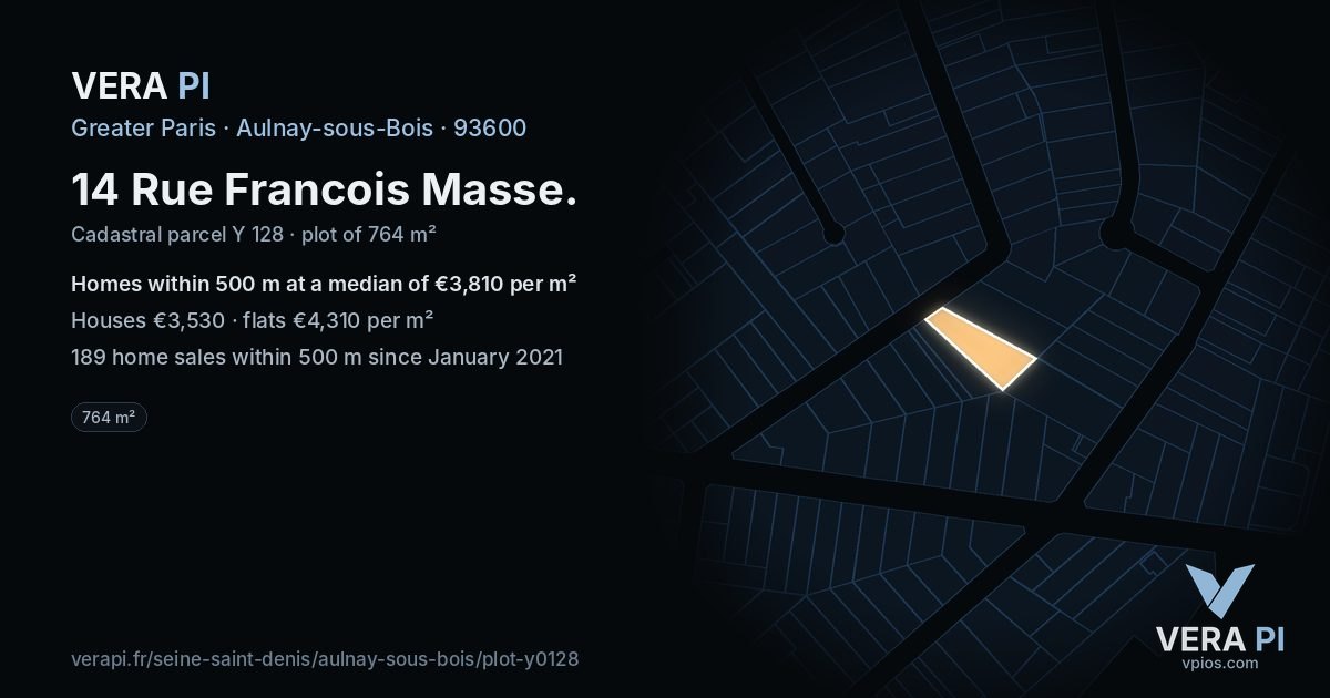 14 Rue Francois Masse, Aulnay-sous-Bois at night – the plot lit, the parcels around coloured by the prices near them