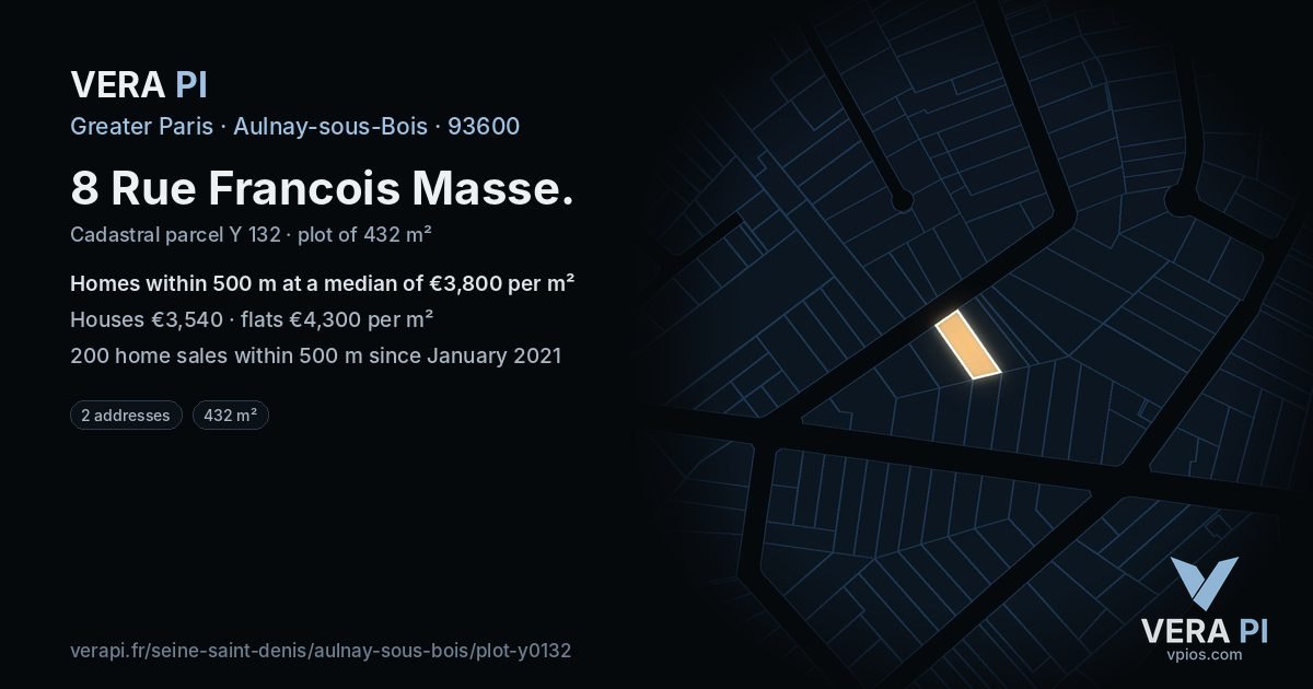 8 Rue Francois Masse, Aulnay-sous-Bois at night – the plot lit, the parcels around coloured by the prices near them