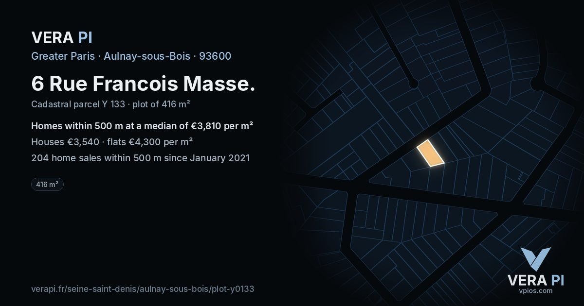6 Rue Francois Masse, Aulnay-sous-Bois at night – the plot lit, the parcels around coloured by the prices near them