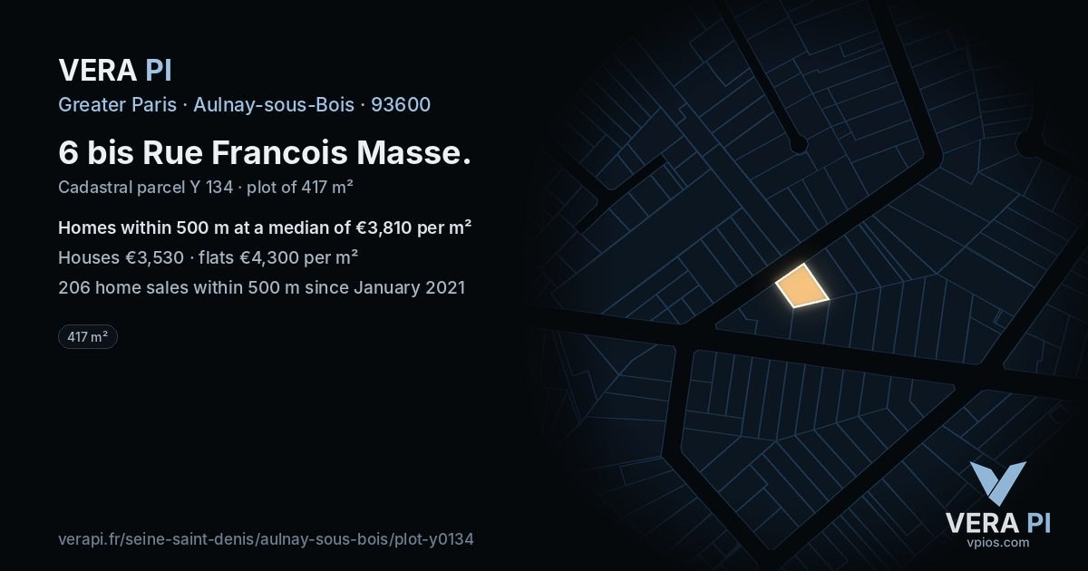 6 bis Rue Francois Masse, Aulnay-sous-Bois at night – the plot lit, the parcels around coloured by the prices near them
