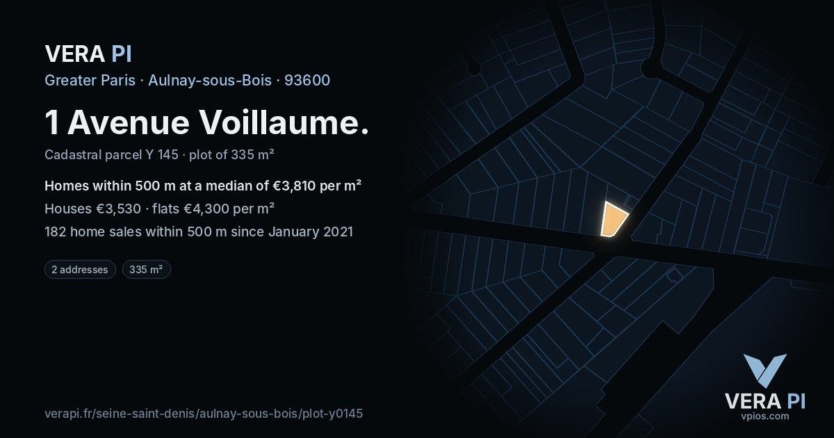 1 Avenue Voillaume, Aulnay-sous-Bois at night – the plot lit, the parcels around coloured by the prices near them
