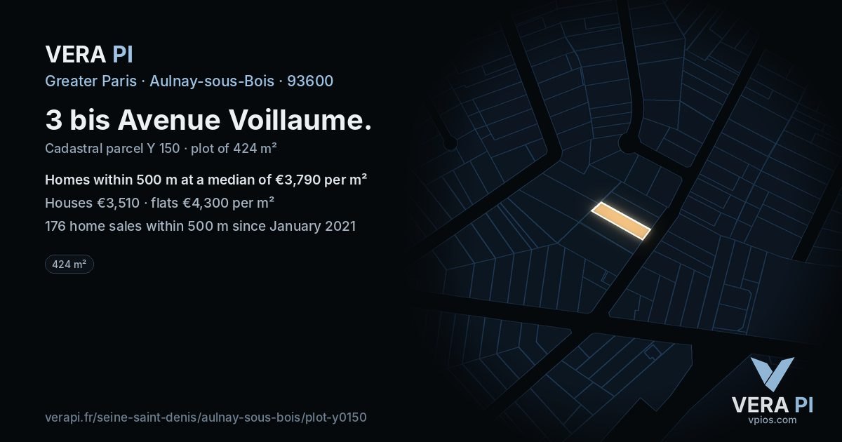 3 bis Avenue Voillaume, Aulnay-sous-Bois at night – the plot lit, the parcels around coloured by the prices near them
