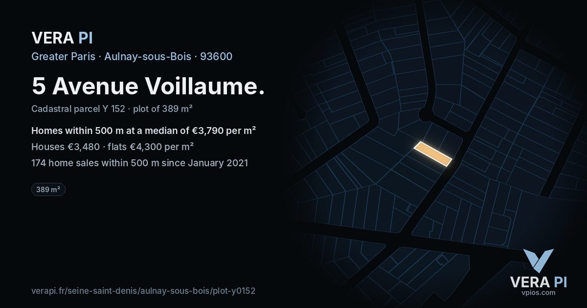 5 Avenue Voillaume, Aulnay-sous-Bois at night – the plot lit, the parcels around coloured by the prices near them