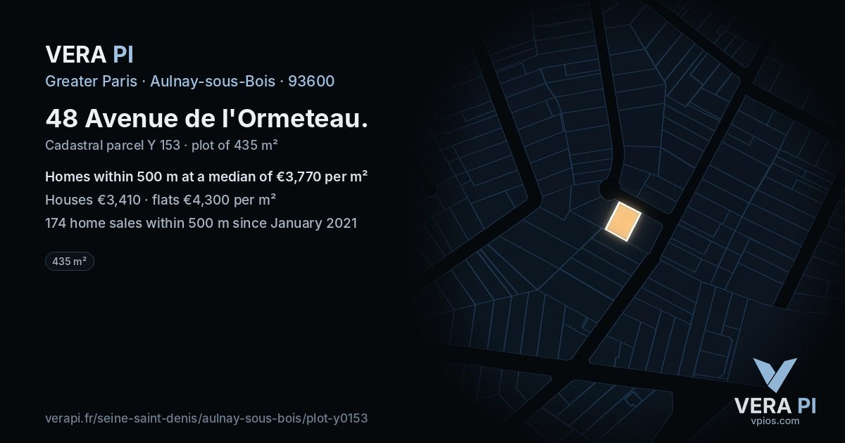 48 Avenue de l'Ormeteau, Aulnay-sous-Bois at night – the plot lit, the parcels around coloured by the prices near them