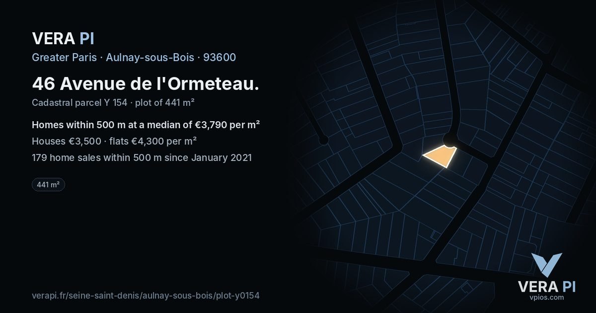 46 Avenue de l'Ormeteau, Aulnay-sous-Bois at night – the plot lit, the parcels around coloured by the prices near them