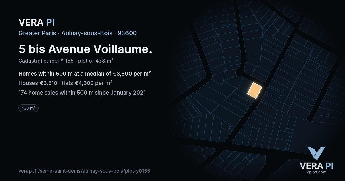 5 bis Avenue Voillaume, Aulnay-sous-Bois at night – the plot lit, the parcels around coloured by the prices near them