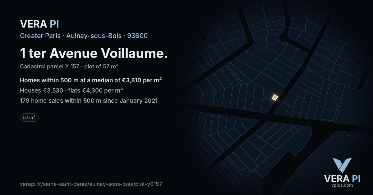 1 ter Avenue Voillaume, Aulnay-sous-Bois at night – the plot lit, the parcels around coloured by the prices near them