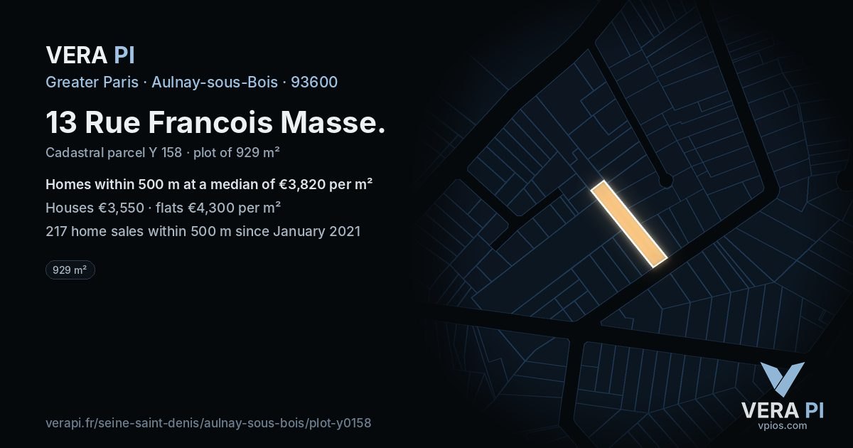 13 Rue Francois Masse, Aulnay-sous-Bois at night – the plot lit, the parcels around coloured by the prices near them