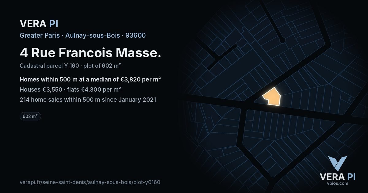 4 Rue Francois Masse, Aulnay-sous-Bois at night – the plot lit, the parcels around coloured by the prices near them