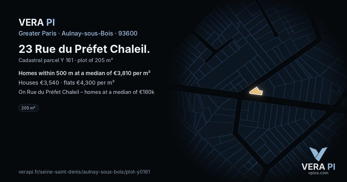 23 Rue du Préfet Chaleil, Aulnay-sous-Bois at night – the plot lit, the parcels around coloured by the prices near them