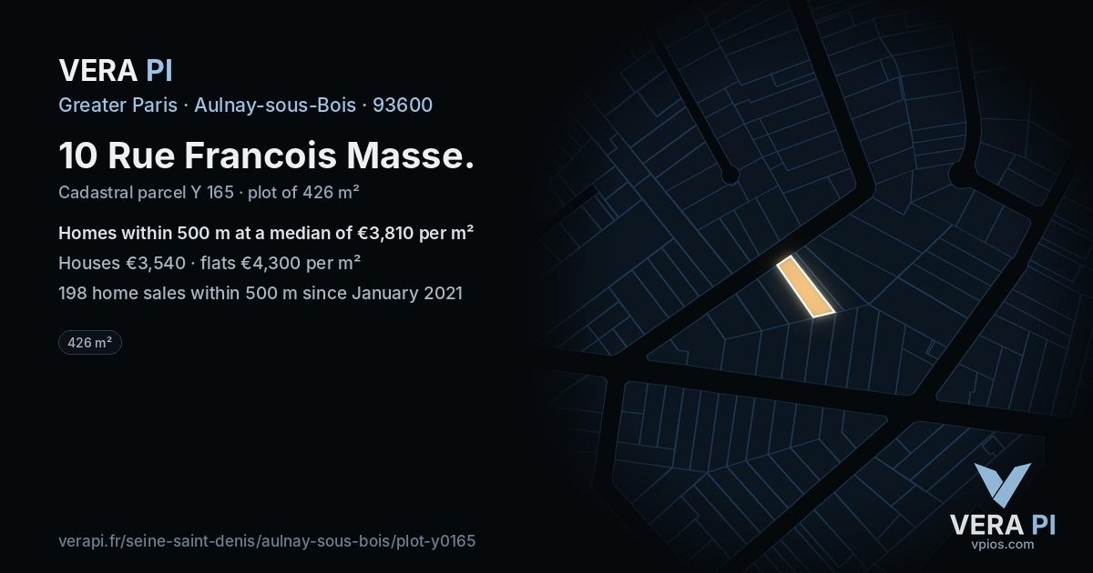 10 Rue Francois Masse, Aulnay-sous-Bois at night – the plot lit, the parcels around coloured by the prices near them