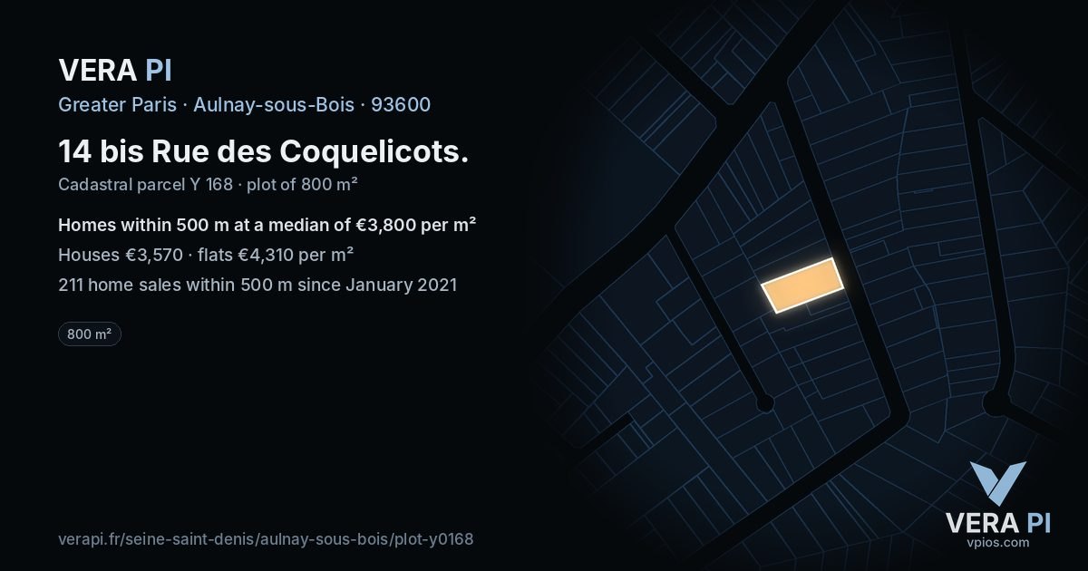 14 bis Rue des Coquelicots, Aulnay-sous-Bois at night – the plot lit, the parcels around coloured by the prices near them