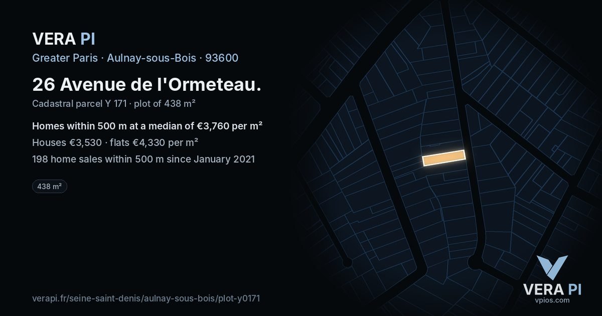 26 Avenue de l'Ormeteau, Aulnay-sous-Bois at night – the plot lit, the parcels around coloured by the prices near them