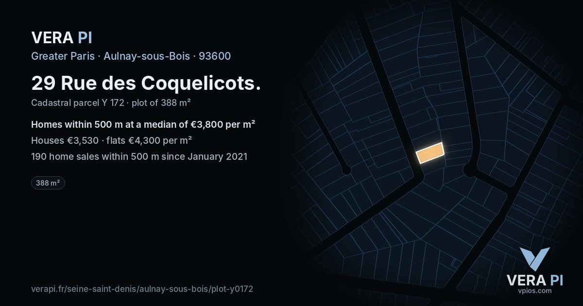 29 Rue des Coquelicots, Aulnay-sous-Bois at night – the plot lit, the parcels around coloured by the prices near them