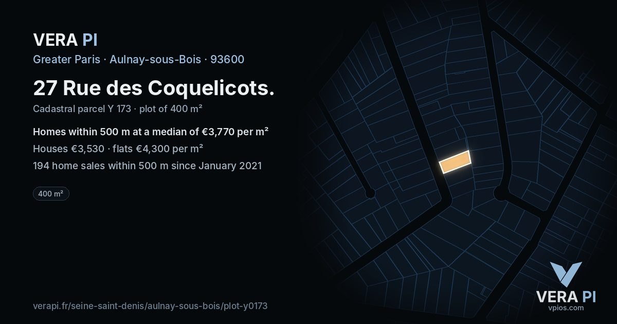27 Rue des Coquelicots, Aulnay-sous-Bois at night – the plot lit, the parcels around coloured by the prices near them