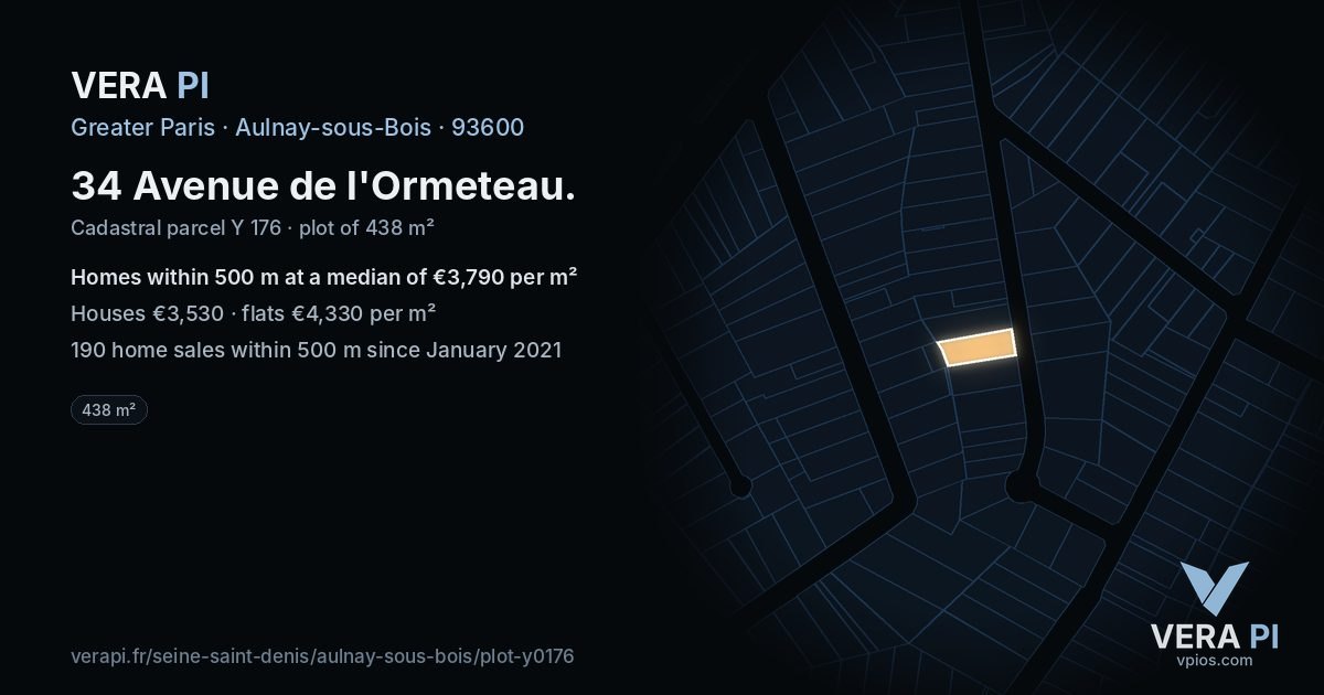34 Avenue de l'Ormeteau, Aulnay-sous-Bois at night – the plot lit, the parcels around coloured by the prices near them