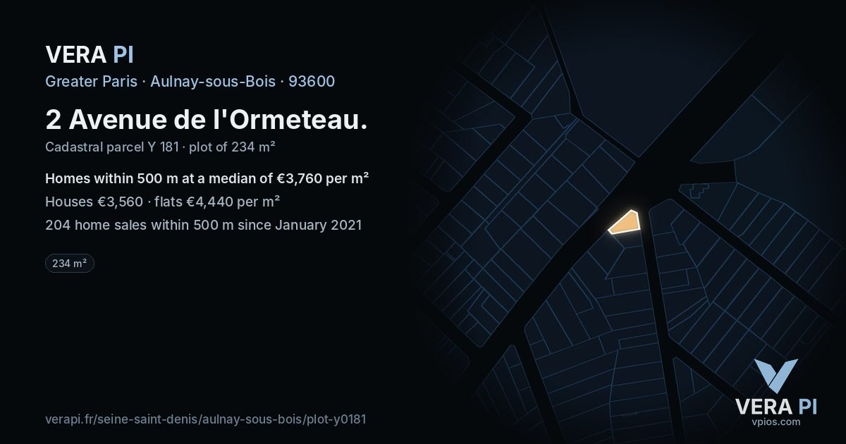 2 Avenue de l'Ormeteau, Aulnay-sous-Bois at night – the plot lit, the parcels around coloured by the prices near them