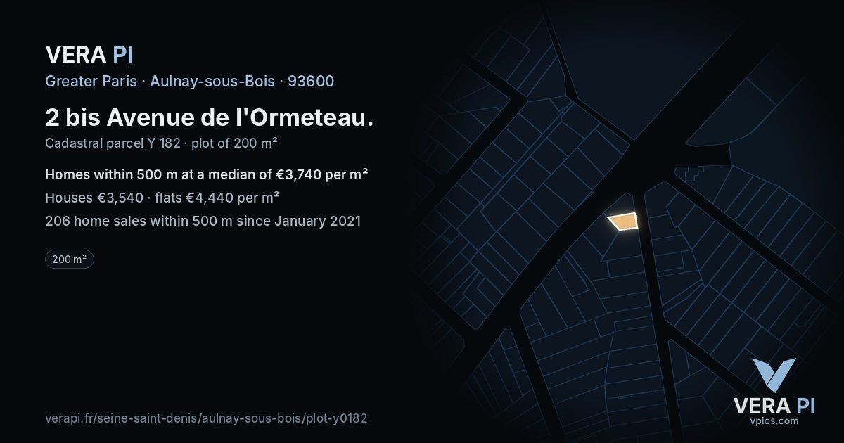 2 bis Avenue de l'Ormeteau, Aulnay-sous-Bois at night – the plot lit, the parcels around coloured by the prices near them