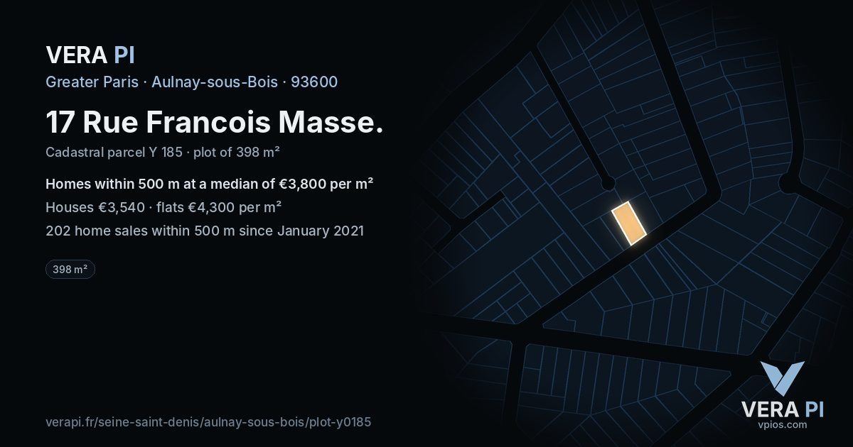 17 Rue Francois Masse, Aulnay-sous-Bois at night – the plot lit, the parcels around coloured by the prices near them