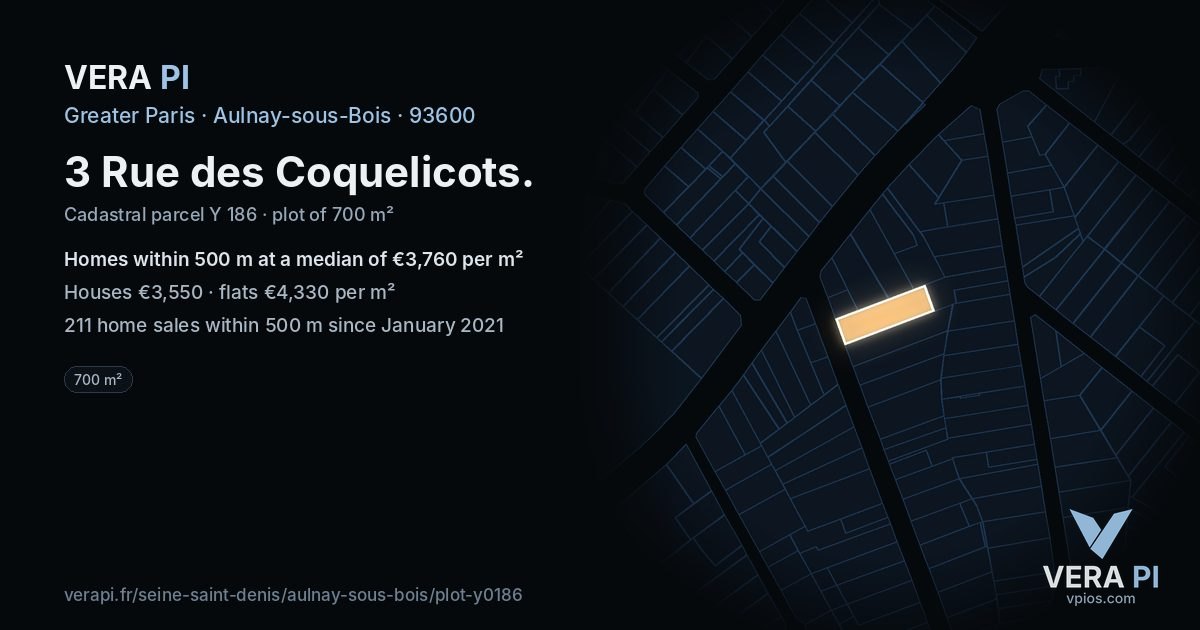 3 Rue des Coquelicots, Aulnay-sous-Bois at night – the plot lit, the parcels around coloured by the prices near them