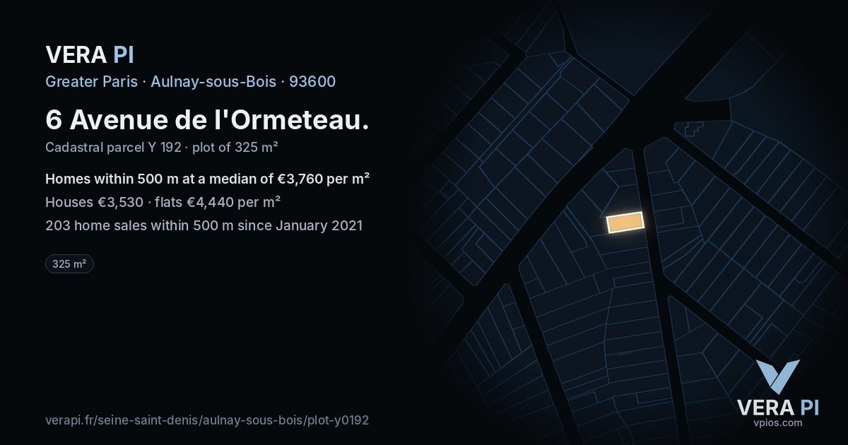 6 Avenue de l'Ormeteau, Aulnay-sous-Bois at night – the plot lit, the parcels around coloured by the prices near them