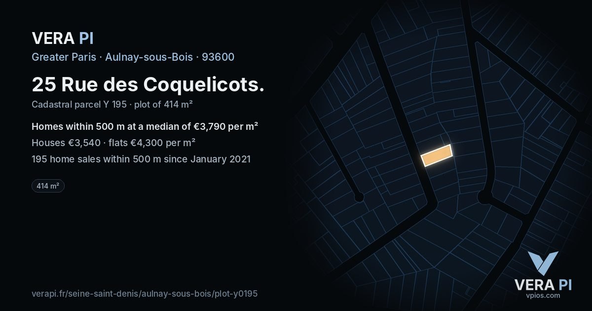 25 Rue des Coquelicots, Aulnay-sous-Bois at night – the plot lit, the parcels around coloured by the prices near them