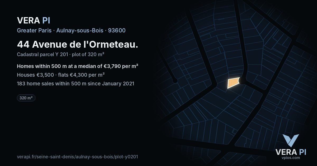 44 Avenue de l'Ormeteau, Aulnay-sous-Bois at night – the plot lit, the parcels around coloured by the prices near them