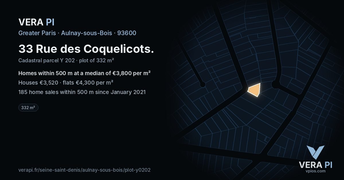 33 Rue des Coquelicots, Aulnay-sous-Bois at night – the plot lit, the parcels around coloured by the prices near them