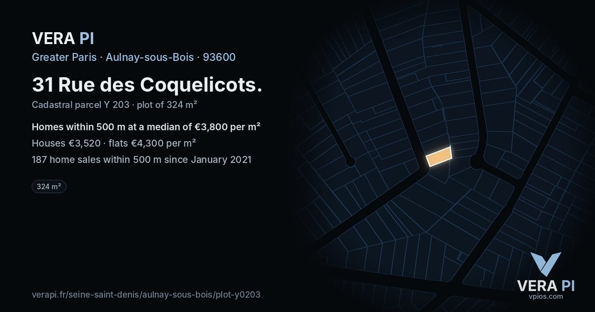 31 Rue des Coquelicots, Aulnay-sous-Bois at night – the plot lit, the parcels around coloured by the prices near them