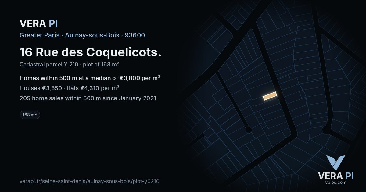 16 Rue des Coquelicots, Aulnay-sous-Bois at night – the plot lit, the parcels around coloured by the prices near them