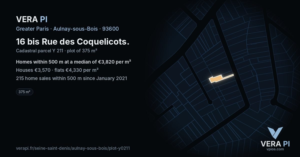 16 bis Rue des Coquelicots, Aulnay-sous-Bois at night – the plot lit, the parcels around coloured by the prices near them