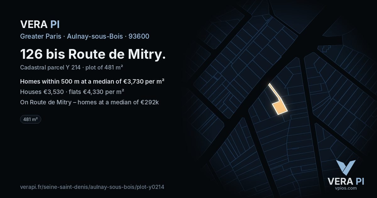 126 bis Route de Mitry, Aulnay-sous-Bois at night – the plot lit, the parcels around coloured by the prices near them
