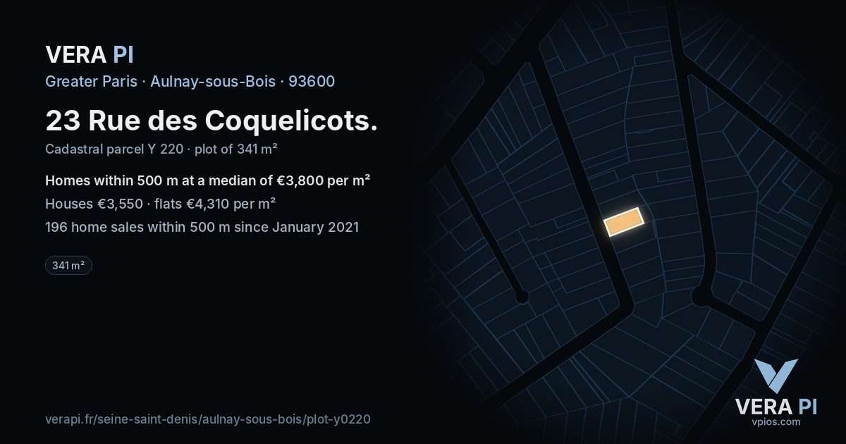 23 Rue des Coquelicots, Aulnay-sous-Bois at night – the plot lit, the parcels around coloured by the prices near them