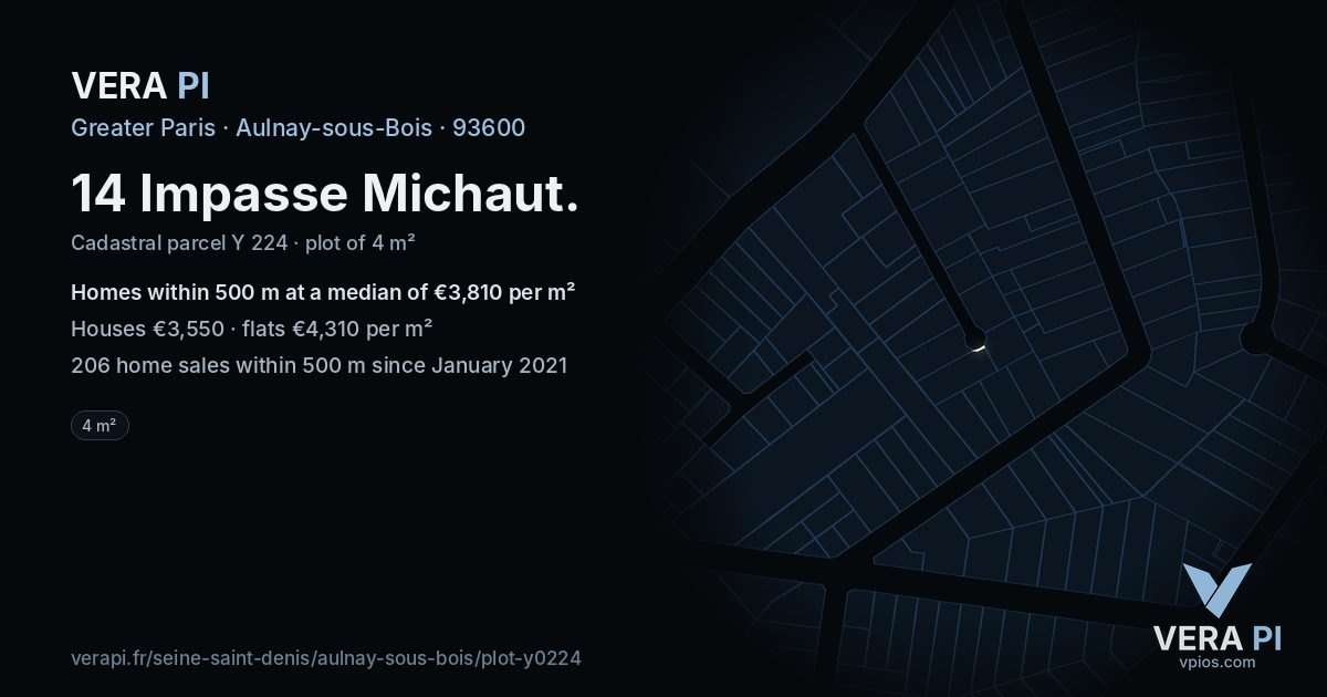 14 Impasse Michaut, Aulnay-sous-Bois at night – the plot lit, the parcels around coloured by the prices near them
