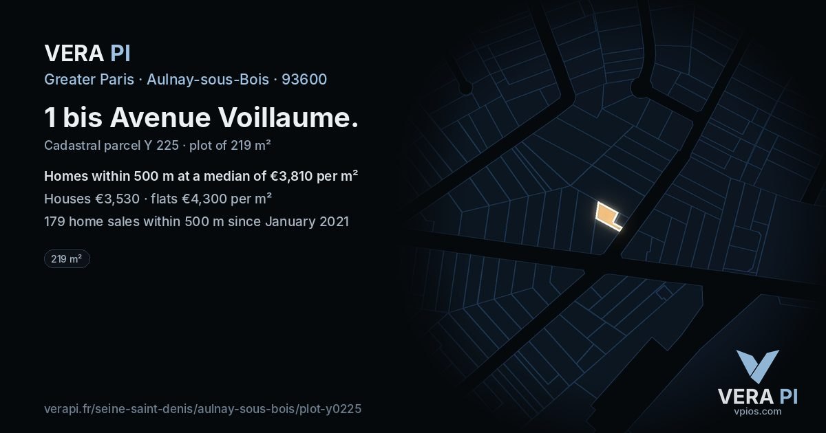 1 bis Avenue Voillaume, Aulnay-sous-Bois at night – the plot lit, the parcels around coloured by the prices near them