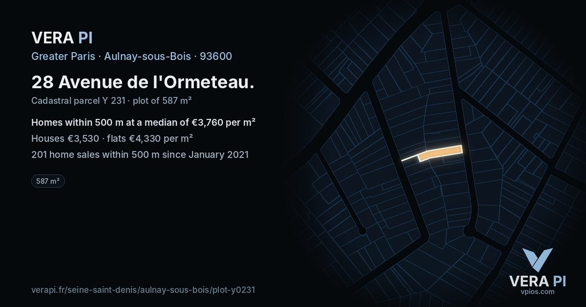 28 Avenue de l'Ormeteau, Aulnay-sous-Bois at night – the plot lit, the parcels around coloured by the prices near them