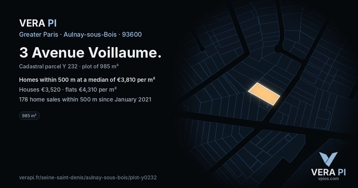 3 Avenue Voillaume, Aulnay-sous-Bois at night – the plot lit, the parcels around coloured by the prices near them