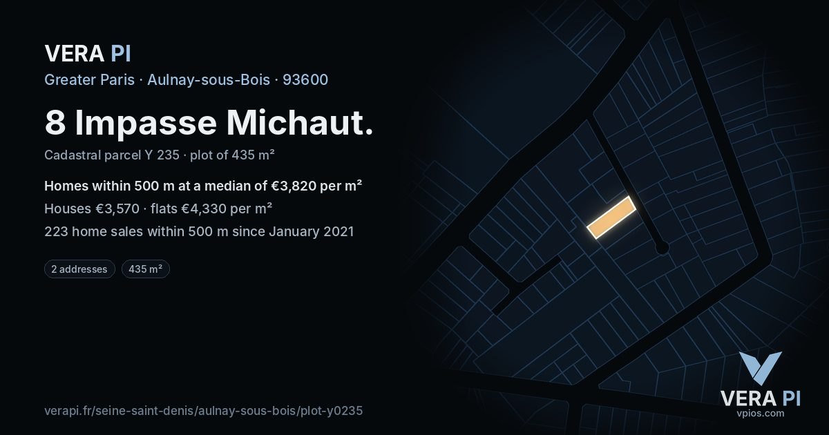 8 Impasse Michaut, Aulnay-sous-Bois at night – the plot lit, the parcels around coloured by the prices near them