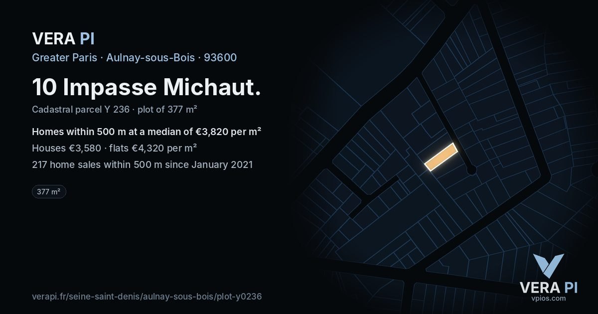 10 Impasse Michaut, Aulnay-sous-Bois at night – the plot lit, the parcels around coloured by the prices near them
