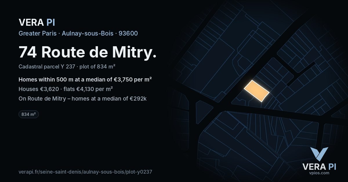 74 Route de Mitry, Aulnay-sous-Bois at night – the plot lit, the parcels around coloured by the prices near them