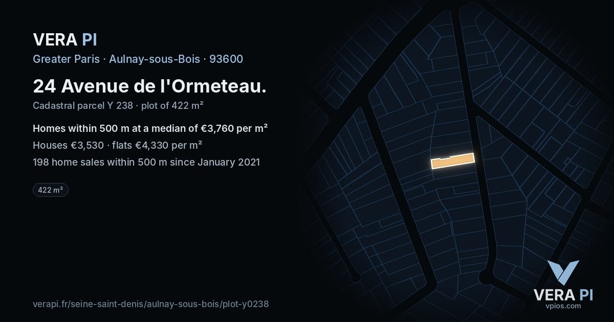 24 Avenue de l'Ormeteau, Aulnay-sous-Bois at night – the plot lit, the parcels around coloured by the prices near them
