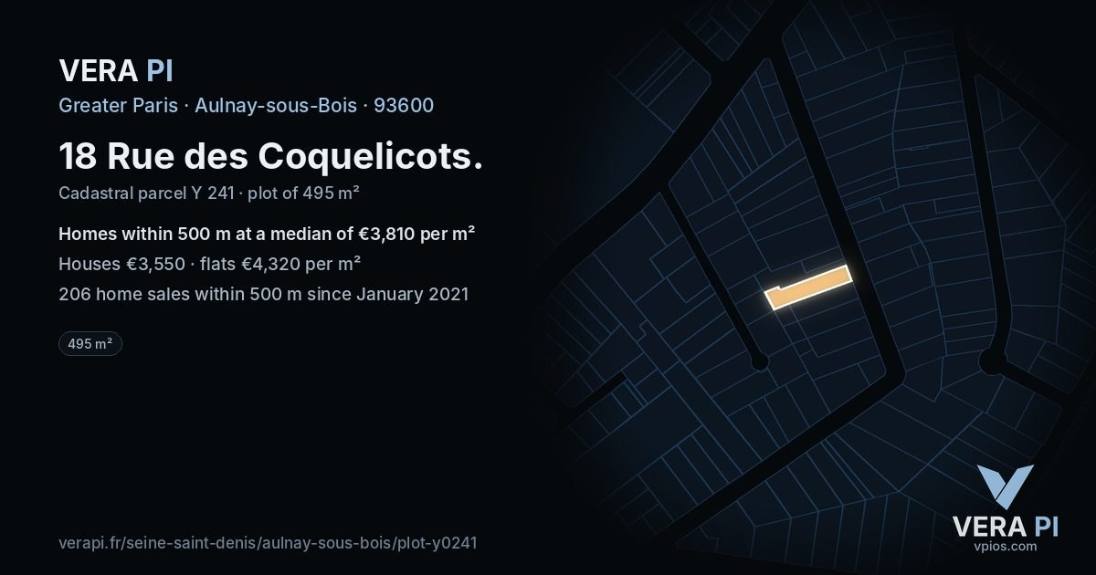 18 Rue des Coquelicots, Aulnay-sous-Bois at night – the plot lit, the parcels around coloured by the prices near them