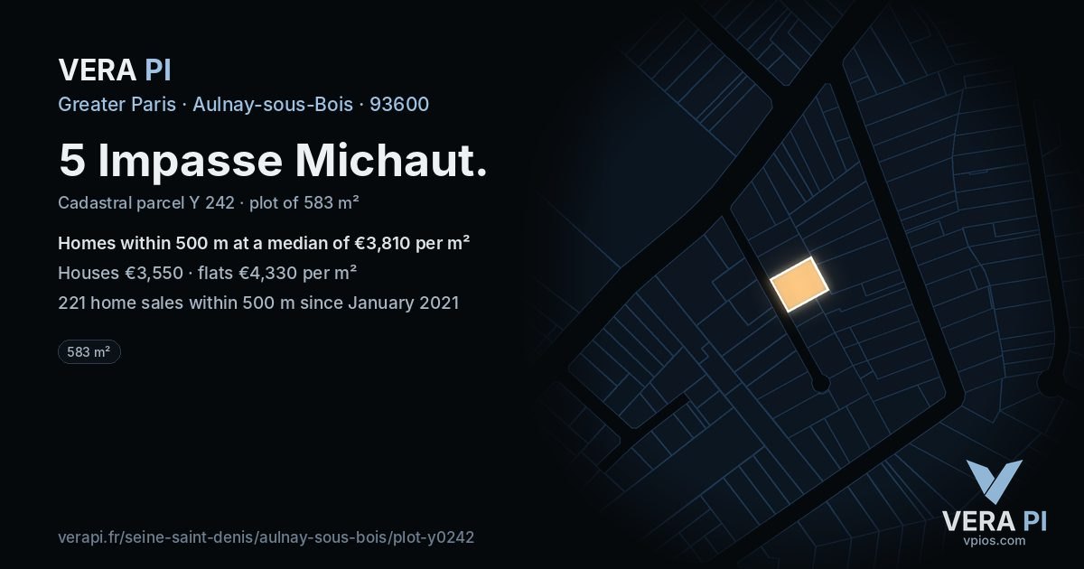 5 Impasse Michaut, Aulnay-sous-Bois at night – the plot lit, the parcels around coloured by the prices near them
