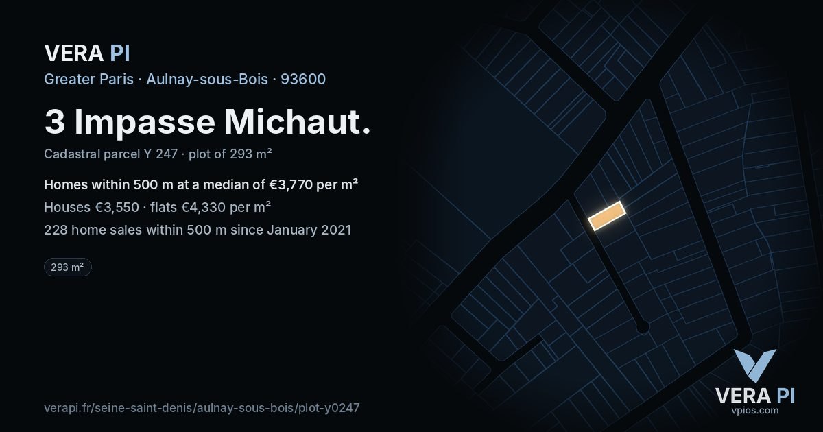 3 Impasse Michaut, Aulnay-sous-Bois at night – the plot lit, the parcels around coloured by the prices near them