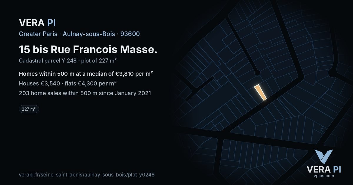 15 bis Rue Francois Masse, Aulnay-sous-Bois at night – the plot lit, the parcels around coloured by the prices near them